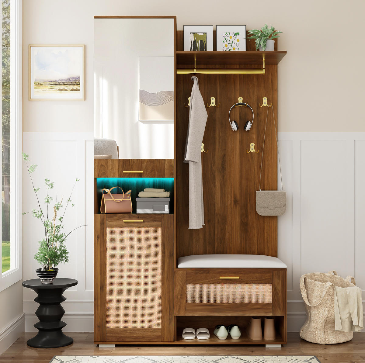 GARDEROBENSET 110/38/190 cm aus MDF und Spanplatte mit Spiegel und LED-Beleuchtung Walnuss/Weiß - Walnussfarben, Holzwerkstoff (38/190/110cm) - Modenvie