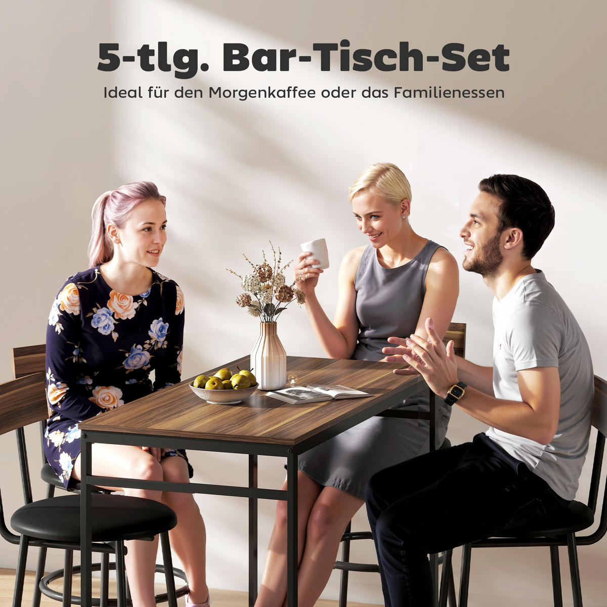 BARTISCH mit Barhocker-Set Esstisch mit 4 Stühlen mit Fußstütze Rückenlehne - Braun, Metall (55/90/110cm) - HOMCOM