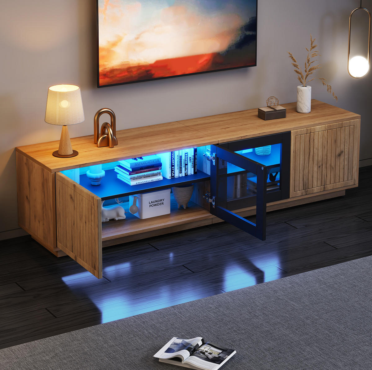 TV-ELEMENT mit LED 180 x 40 x 45 cm Naturholzoptik Schwarz 4 Türen - Braun, Holzwerkstoff (40/45/180cm) - Beauniv