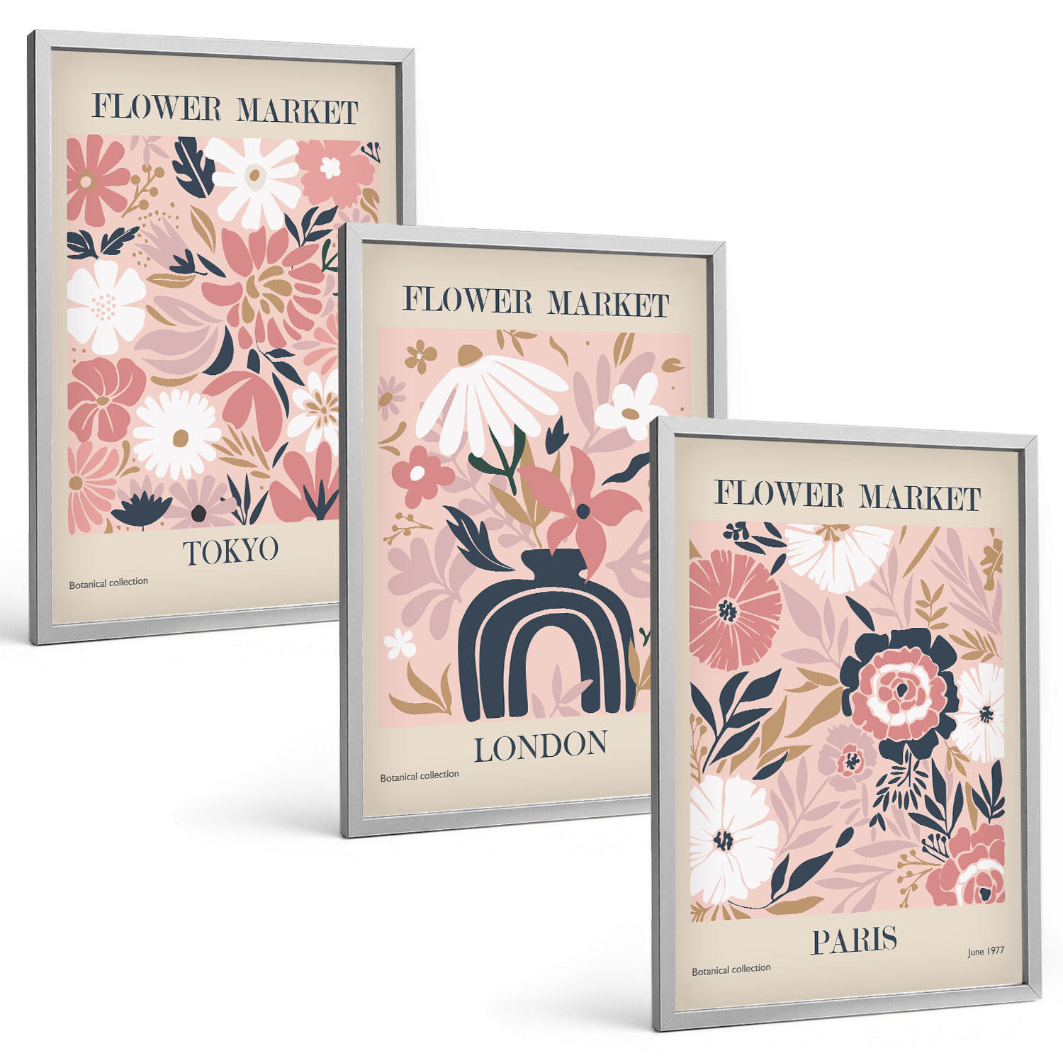 BILDER SET 3er Set - 40x60 cm Silberner Rahmen - Blumenmotive Tokio London Paris - Silberfarben, Kunststoff (40/60cm) - TULUP