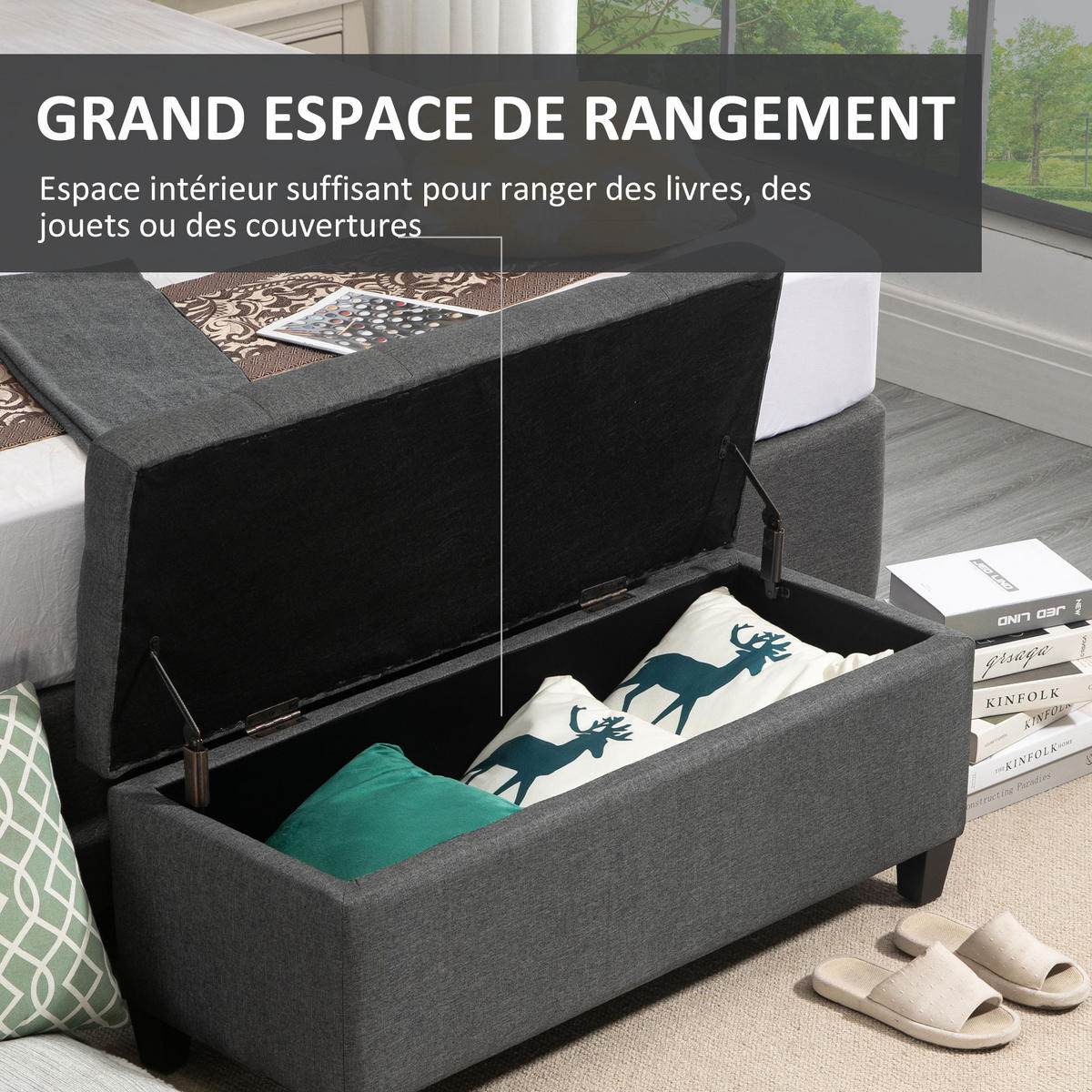 TRUHENBANK DE-16405 mit Knopfheftung und Stauraum Dunkelgrau - Dunkelgrau, Textil (100/44/40cm) - ComfortXL