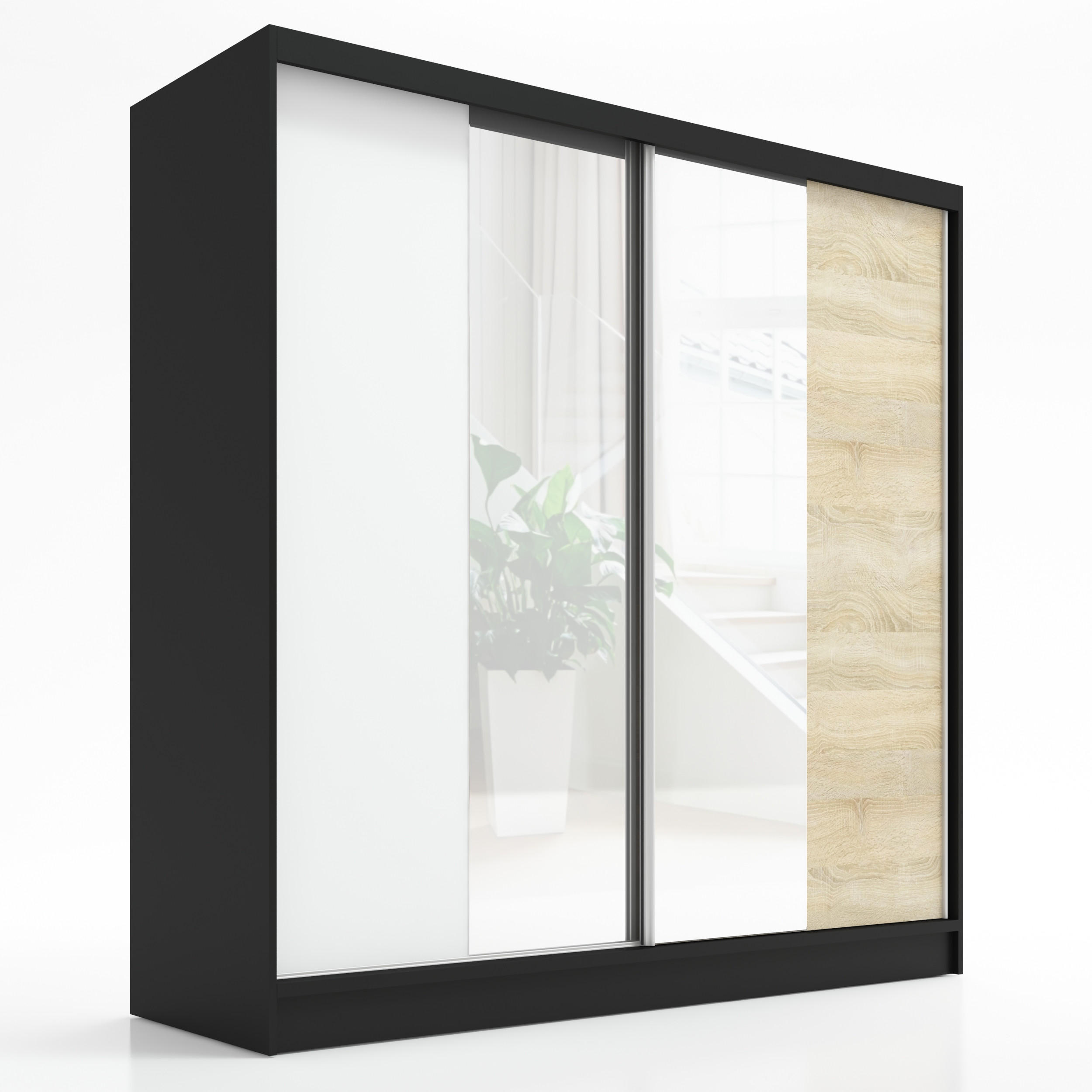 A&J MöbelLand Schwebetürenschrank Schwarz, Weiß, Braun 200x215x60 cm