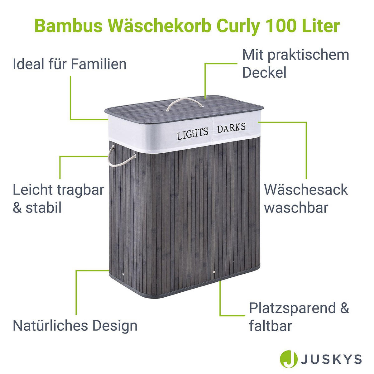 WÄSCHEKORB Curly 100 L grau - Grau, Holz (52/63/32cm) - Juskys