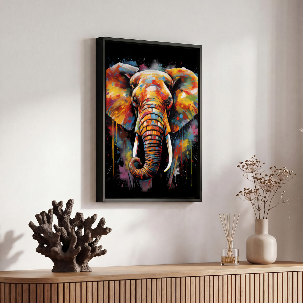 LEINWAND Bilder mit Rahmen - Elefant - Graffiti - Schwarz - Tiere - Farben - 20x30 - Schwarz, Textil (20/30cm) - MuchoWow