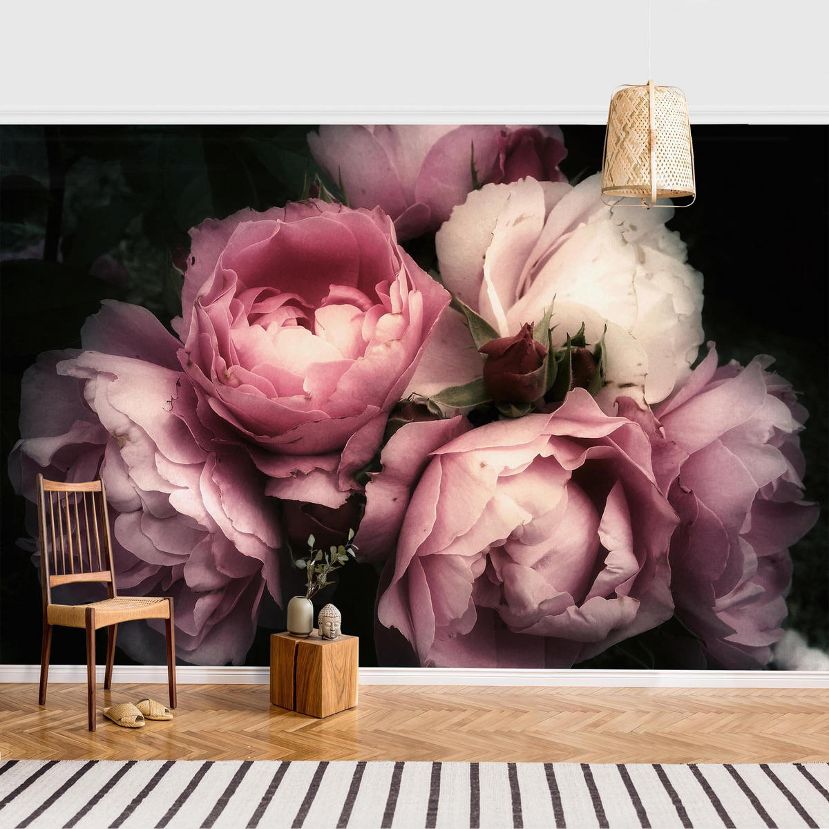 FOTOTAPETE Pfingstrosen vor Schwarz Shabby 336/225 cm - Rosa, Papier (336/225cm) - Bilderwelten