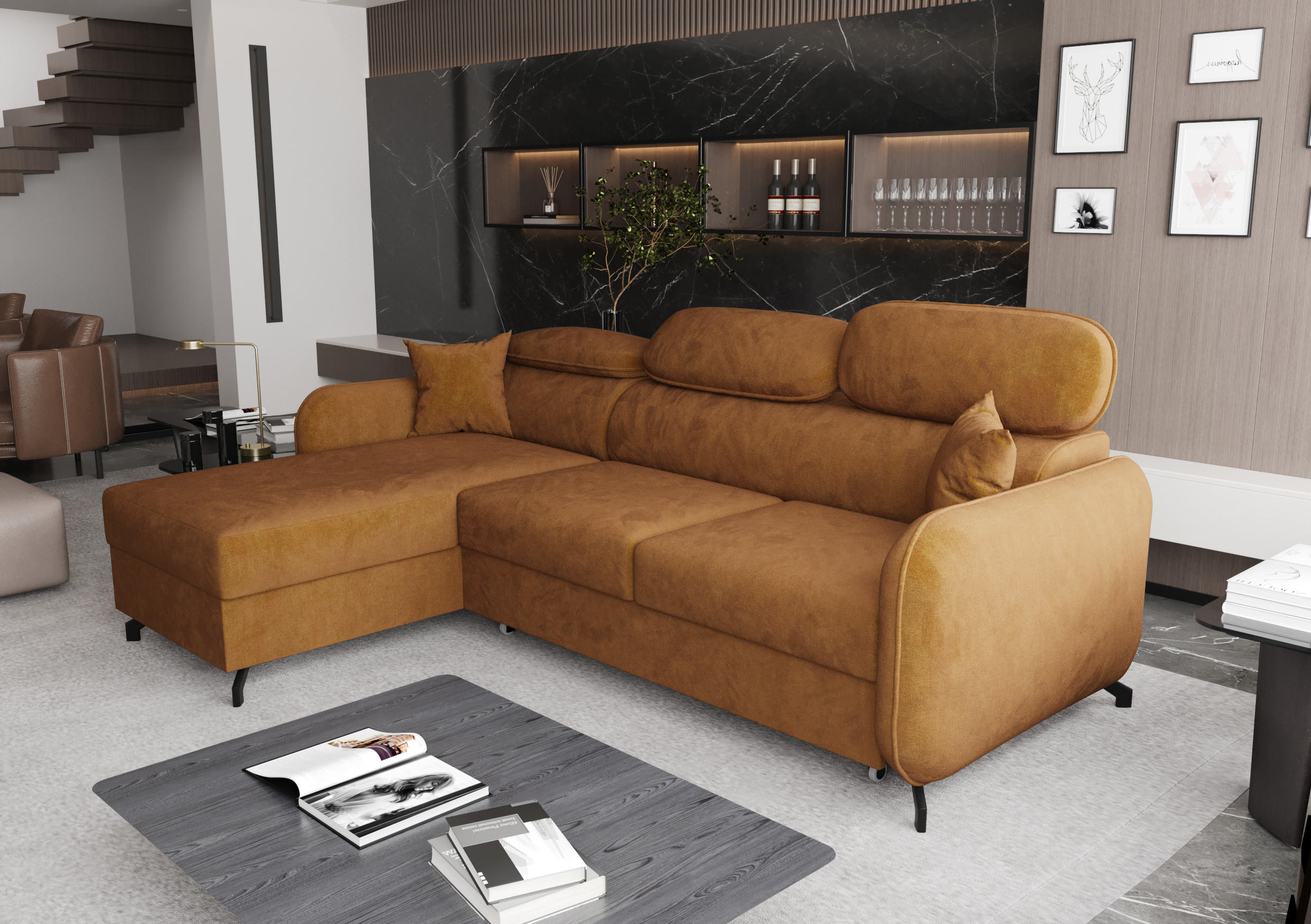 ECKSOFA L Form Ribella 5 Bernstein 265/180/100 cm Links mit Schlaffunktion - Gelb/Schwarz, Textil/Metall (180/265cm) - AX Living