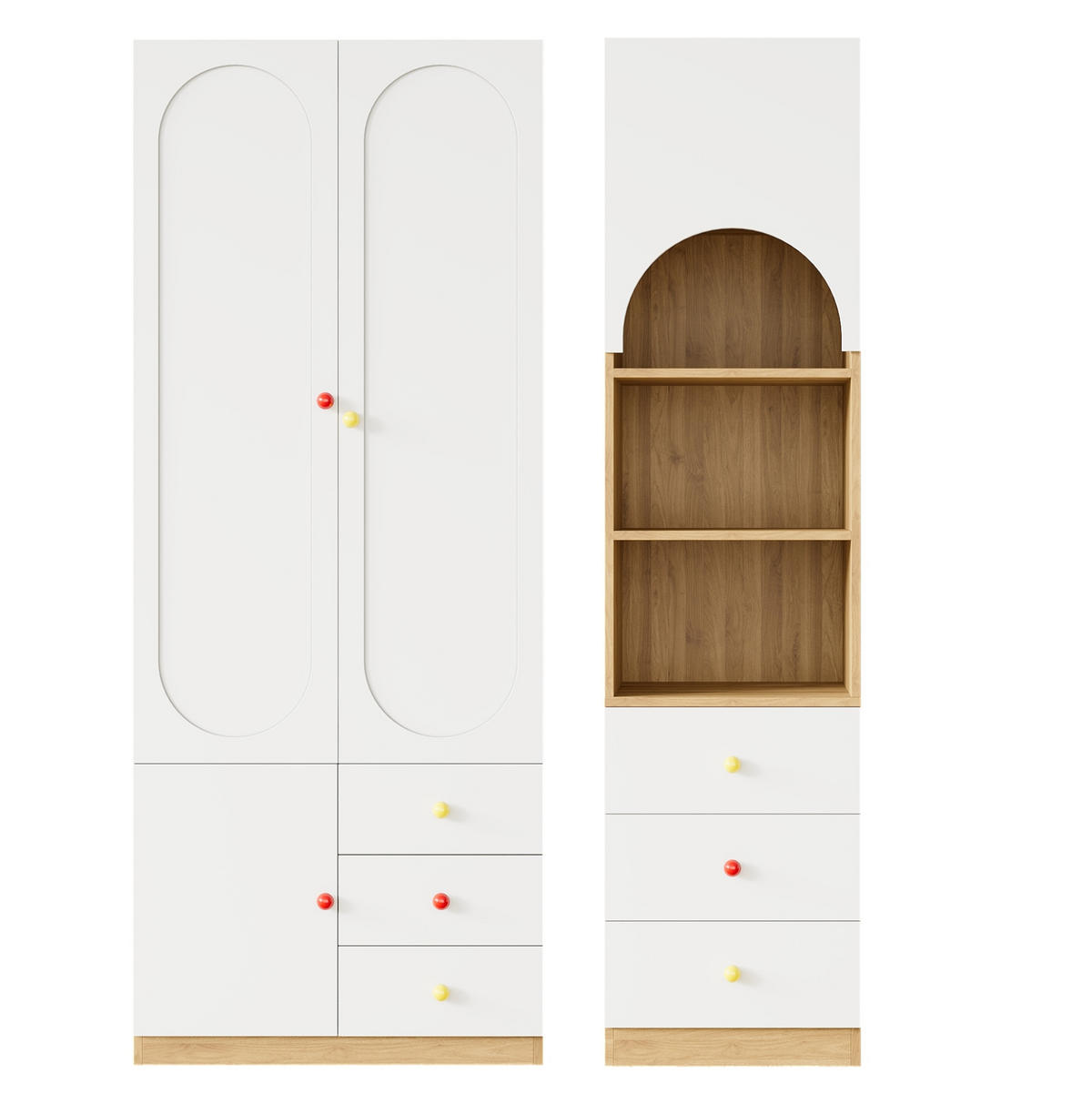 KLEIDERSCHRANK-SET aus MDF 80x45x200 cm und 50x50x200 cm Weiß/Natur mit Schubladen, Regal und Anti-Kipp-Schutz - Weiß, Holzwerkstoff (130/200/50cm) - Modfu