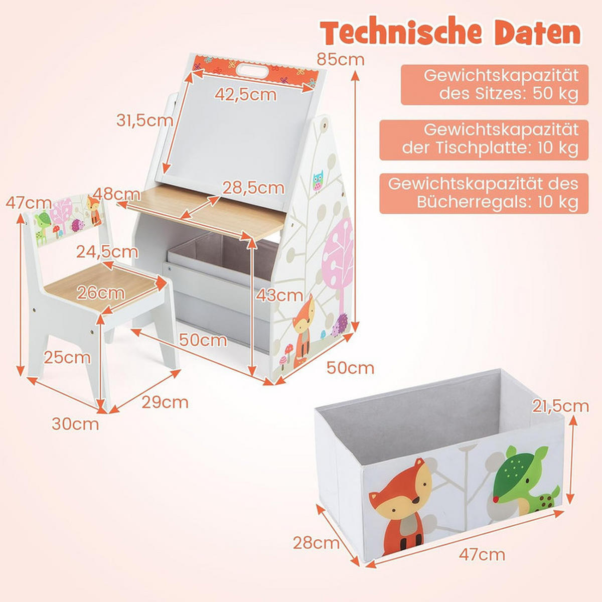 KINDERSITZ-SET mit magnetischer Whiteboard-Tafel weiß(2-tlg) - Weiß, Holzwerkstoff (50/85/50cm) - COSTWAY