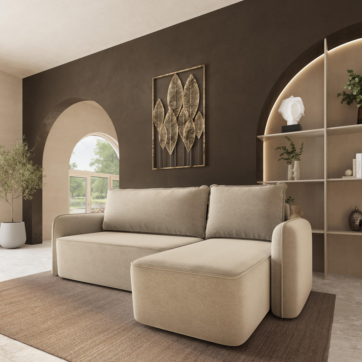 ECKSOFA DOLVER CL Beige Samtstoff mit Schlaffunktion - Beige, Holzwerkstoff/Textil (238/156cm) - MASSENO