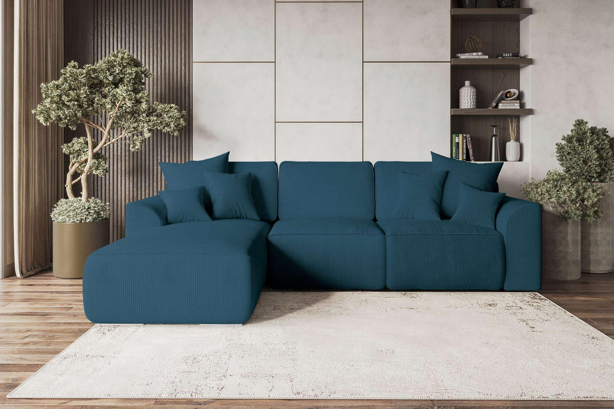ECKSOFA GUSTO Cordstoff Blau Links inkl. Schlaffunktion - Blau/Chromfarben, Kunststoff/Textil (295/194cm) - 99rooms