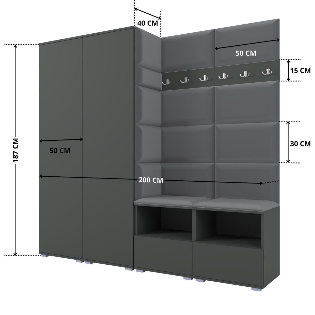 GARDEROBE NELA VI 200 cm (Kompaktgarderobe Graphit mit Sitzpolster Dunkelgrau 15 Schrank & Paneel) - Dunkelgrau/Silberfarben, Holz/Holzwerkstoff (200/187/40cm) - Ravio