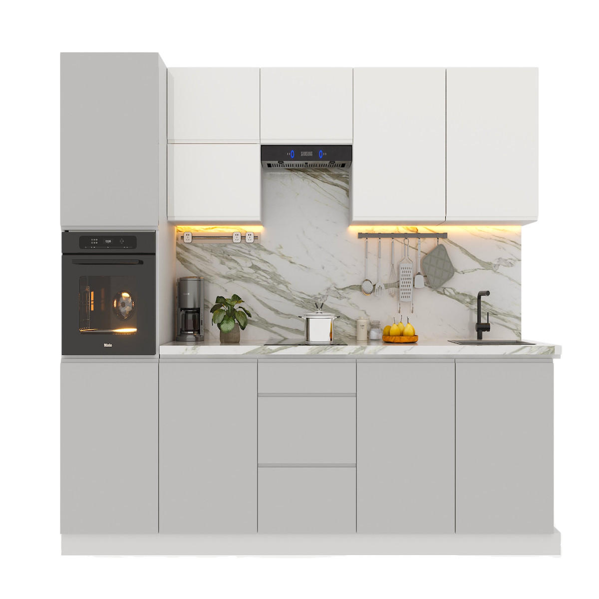 KÜCHENZEILE 300 cm Glanzia – KU-S01 – Grau / Weiß - Weiß Hochglanz/Grau, Holz/Holzwerkstoff (300/212/58cm)