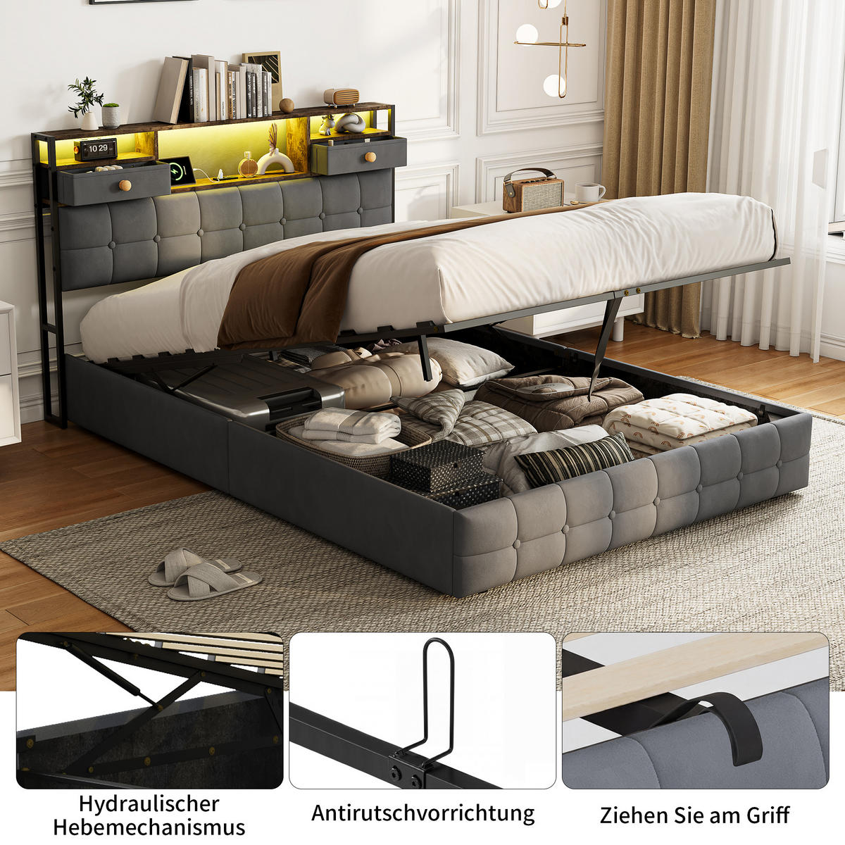 POLSTERBETT 140x200 cm Grau mit LED, USB und Type-C, Stauraumkopfteil & Bettkasten - Grau, Holz (140/200cm)