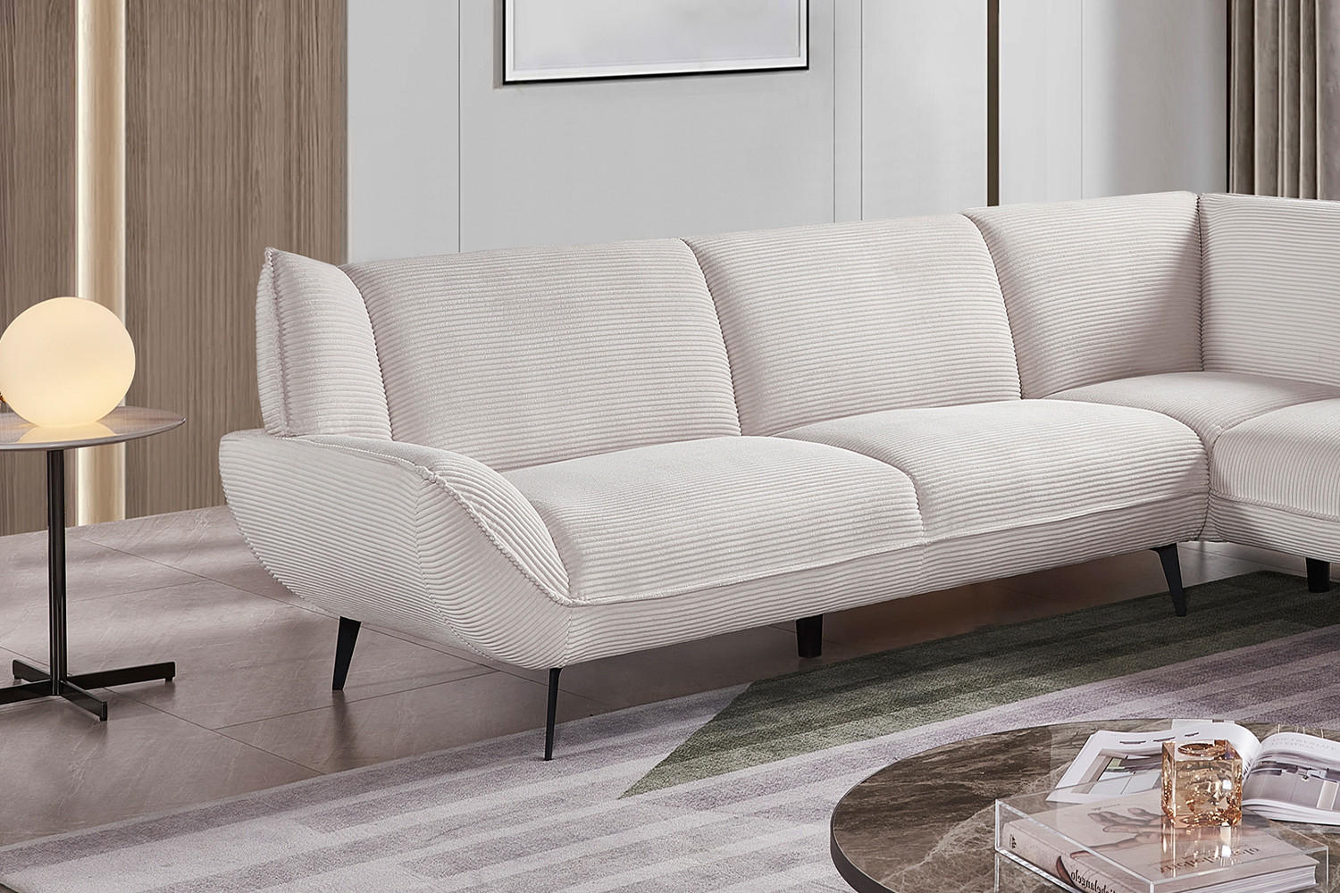 ECKSOFA CALLA Cremeweiß Cord - Creme/Schwarz, Textil (274/203cm) - KAWOLA