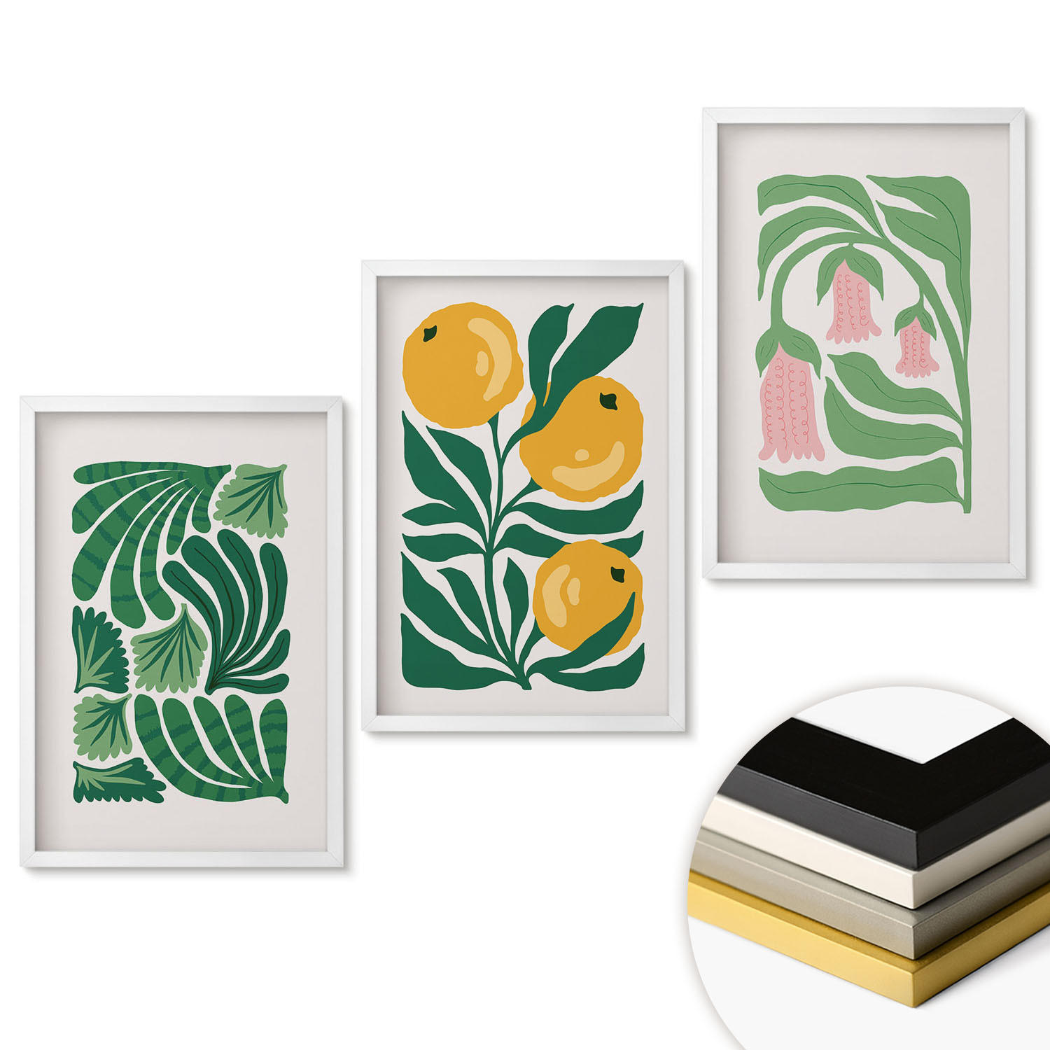 WANDBILDER 3er-Set - 40x60 cm Weißer Rahmen - Minimalistische Pflanzenmuster - Weiß, Kunststoff (40/60cm) - ArtPrintCave