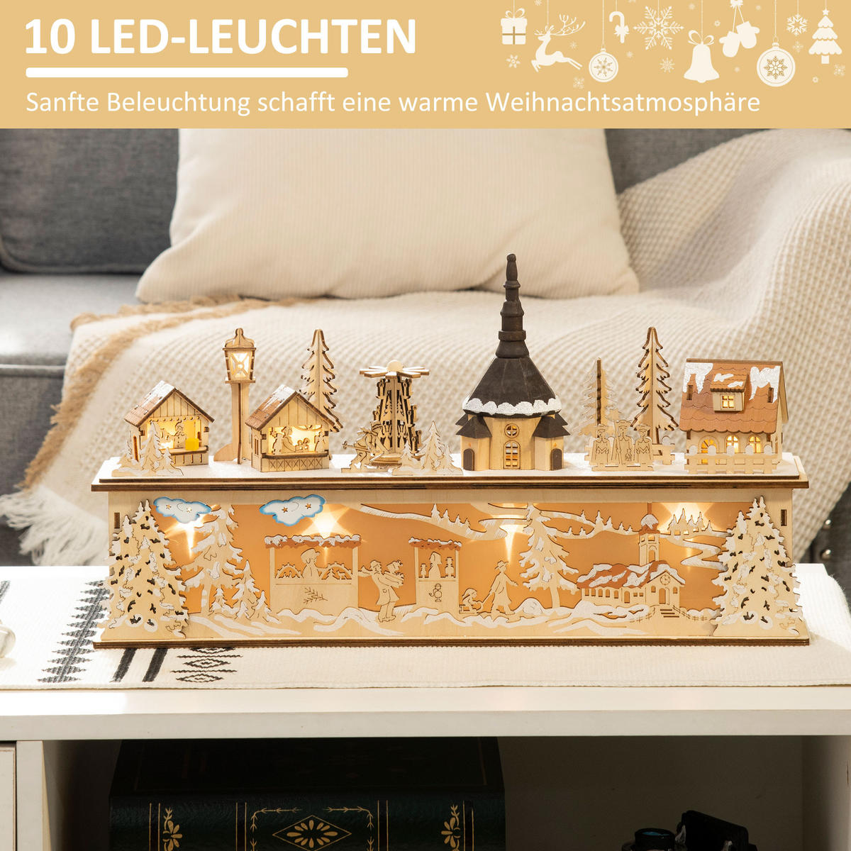 WEIHNACHTSDEKO Verschneites Weihnachtsdorf mit 10 LEDs Natur 45 x 10 x 25 cm - Naturfarben, Holz (10/25/45cm) - HOMCOM
