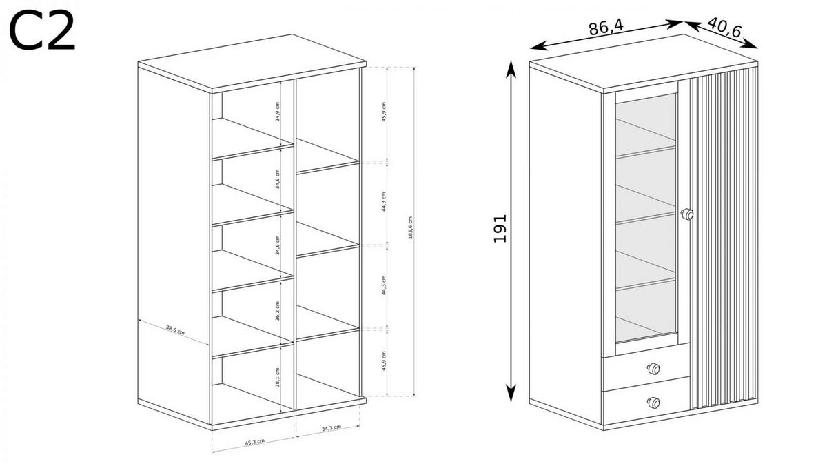 VITRINESCHRANK CALI C-2 - Eiche Artisan, Holzwerkstoff (87/191/40cm) - Meblini