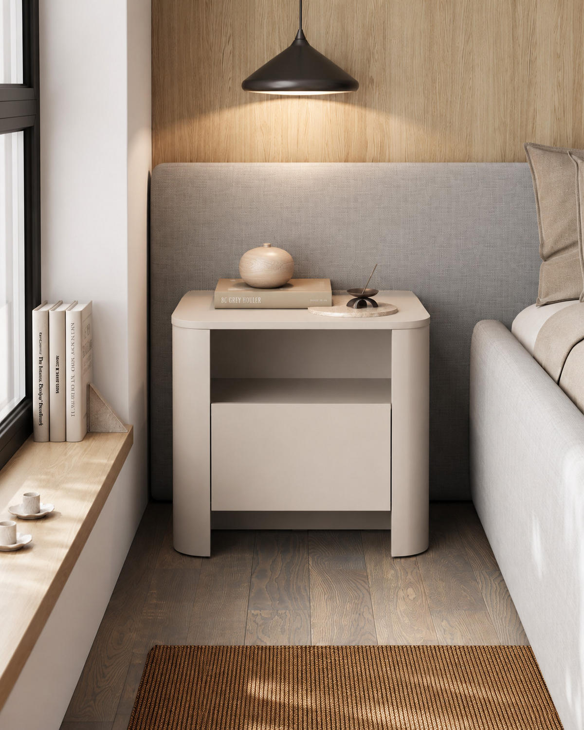 ABGERUNDETER Nachttisch AURA SN1SZ (Eiche Vicenza, Push to Open) - Kaschmir, Holz/Holzwerkstoff (58/52/39cm) - Ravio