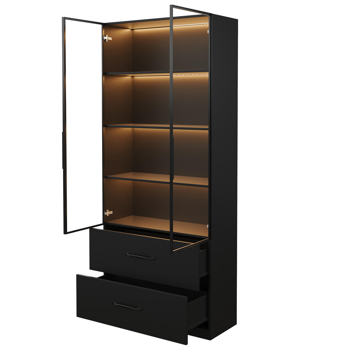 VITRINE 60cm Glas LED Aluminium 2 Türen Schubladen modern - Schwarz, Holzwerkstoff (60/160/40cm) - FLIEKS