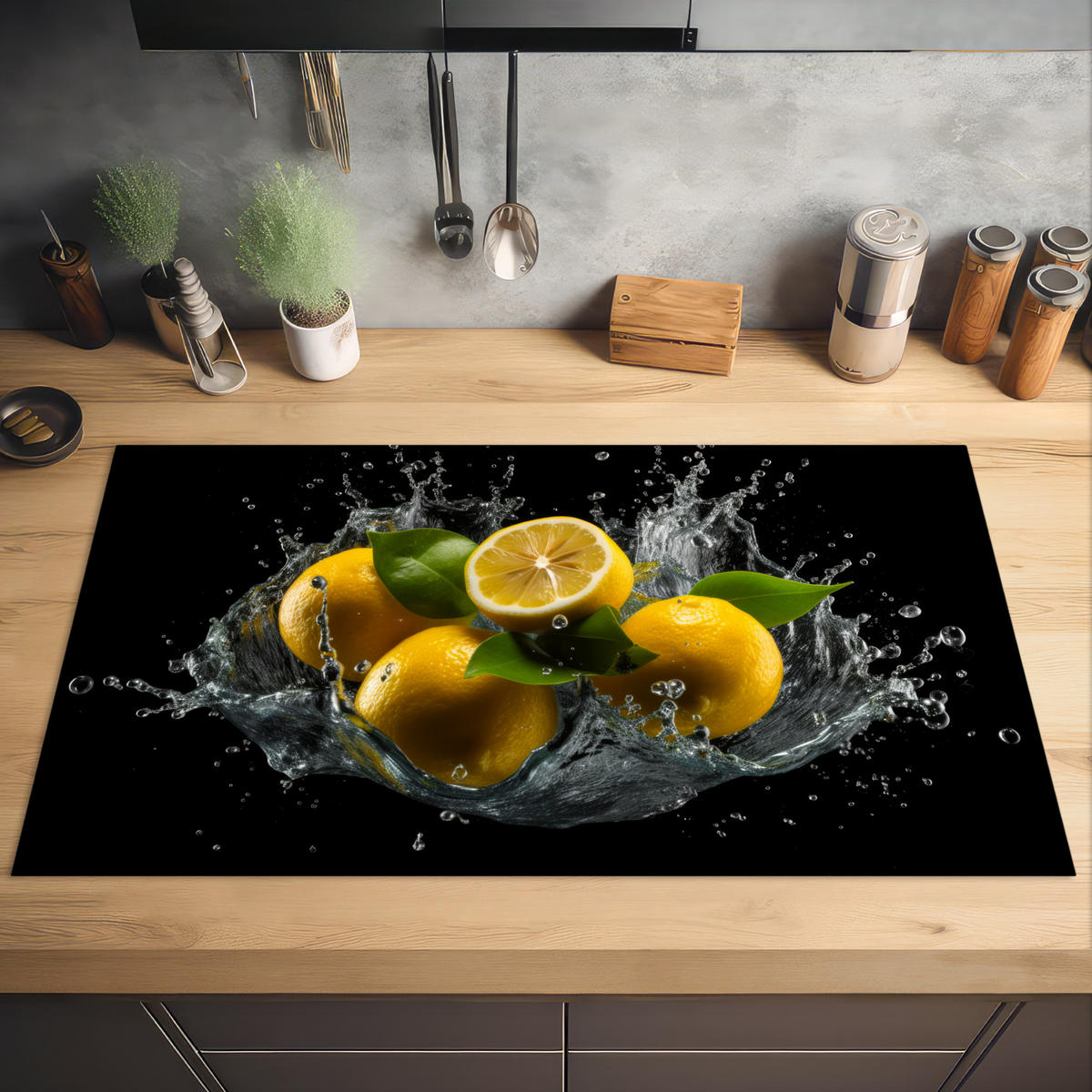HERABDECKPLATTE - Zitrone - Obst - Gelb - Schwarz - 95x55 - Gelb, Kunststoff (95/55/0.2cm) - MuchoWow