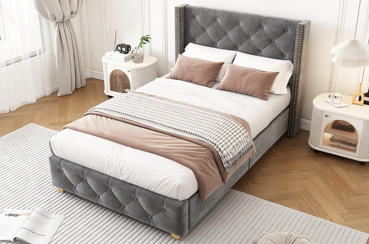BETT 90x200 cm Samt Grey mit Lattenrost - Grau, Metall (90/200cm) - Meubliv