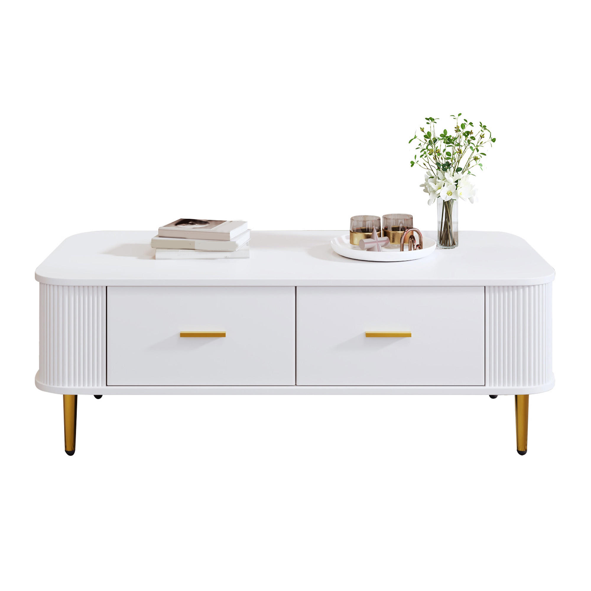 COUCHTISCH mit Schubladen geschwungenen Ecken goldenen Griffen Weiß - Goldfarben/Weiß, Holzwerkstoff (105/51/38cm) - EVRYAE