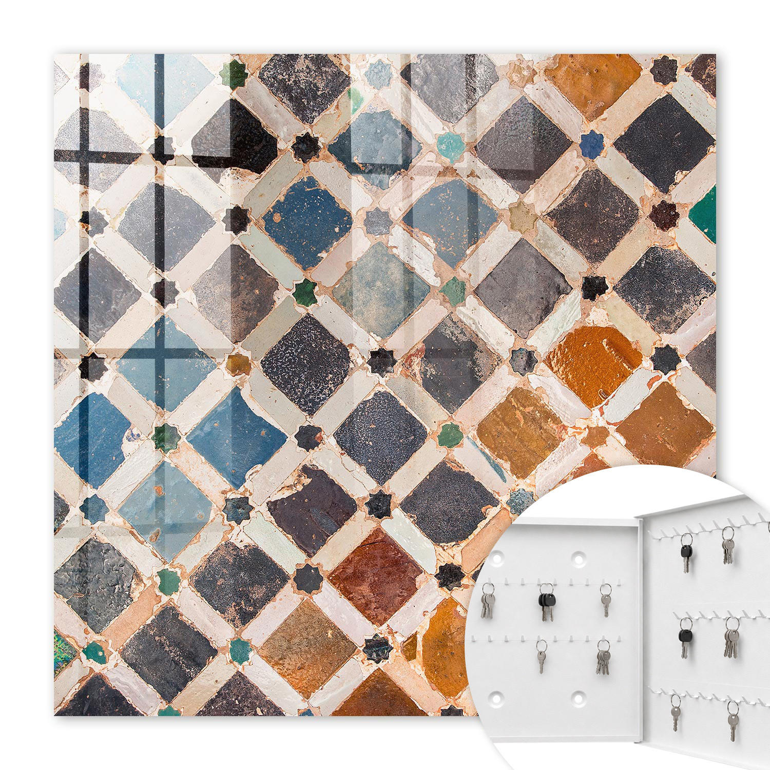 SCHLÜSSELBOX Weiß 30x30 cm – Türöffnung nach rechts - Farbenfrohes Mosaik - Blau, Metall (30/30/5cm) - TULUP