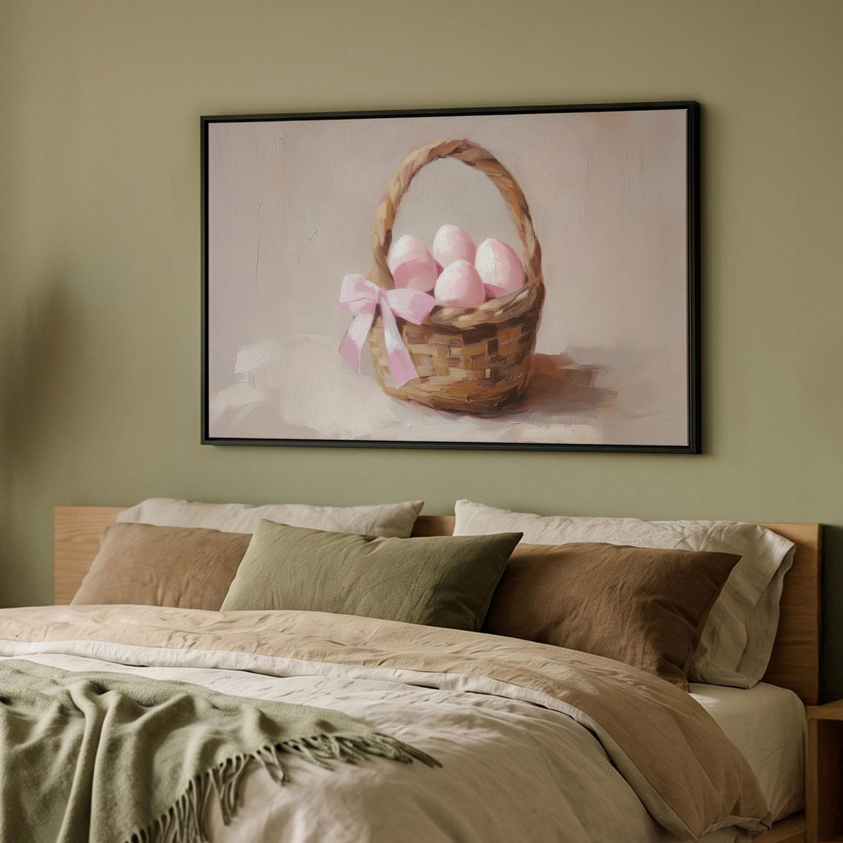 LEINWAND Bilder mit Rahmen - Korb - Eier - Rosa - 90x60 - Beige, Textil (90/60cm) - MuchoWow