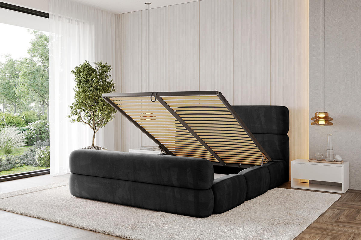 POLSTERBETT mit Bettkasten, Fußteil und Lattenrost, Bett mit Matratze H3/H4 - ELVA-Z 180x200 Schwarz - Schwarz, Holzwerkstoff/Textil (180/200cm) - ALTDECOR