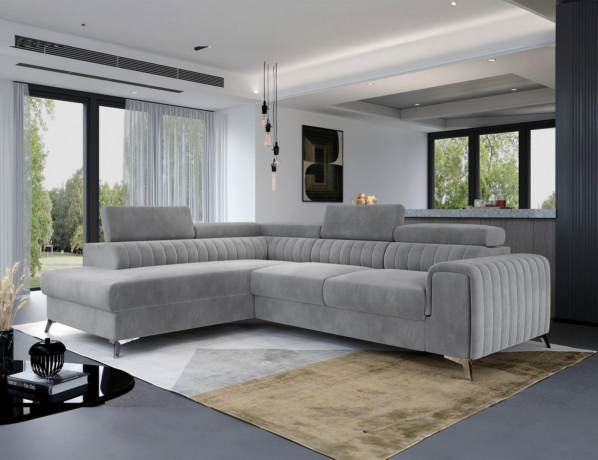 ECKSOFA Laurence mit Schlaffunktion & Bettkasten – 278 x 205 cm, verstellbare Kopfstützen - Grau, Kunststoff (278/205cm) - Wohnideebilder