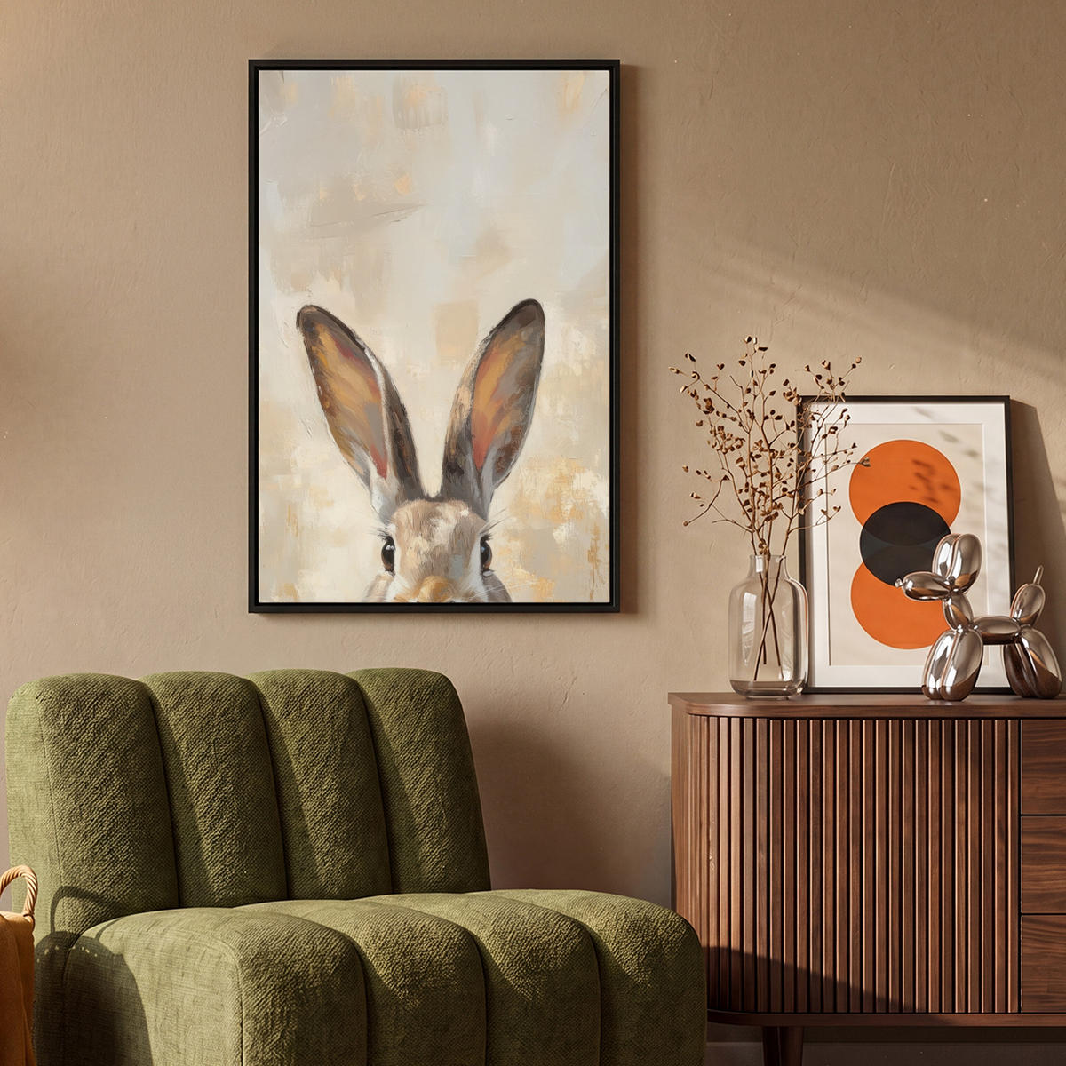 LEINWAND Bilder mit Rahmen - Hase - Ohren - Braun - 60x90 - Beige, Textil (60/90cm) - MuchoWow