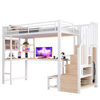 HOCHBETT Metall/MDF 90x200 cm Weiß mit Schreibtisch, Stauraumtreppe, Regalen, Lochwand, LED & USB - Weiß, Holzwerkstoff (90/200cm) - Modfu