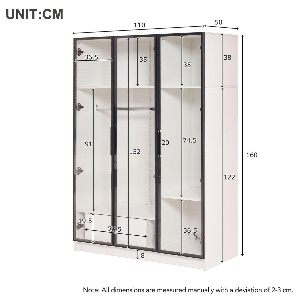 GARDEROBENSCHRANK DE-37485 110/50/160 cm mit 3 Glastüren Weiß - Weiß, Holzwerkstoff (110/160/50cm) - ComfortXL