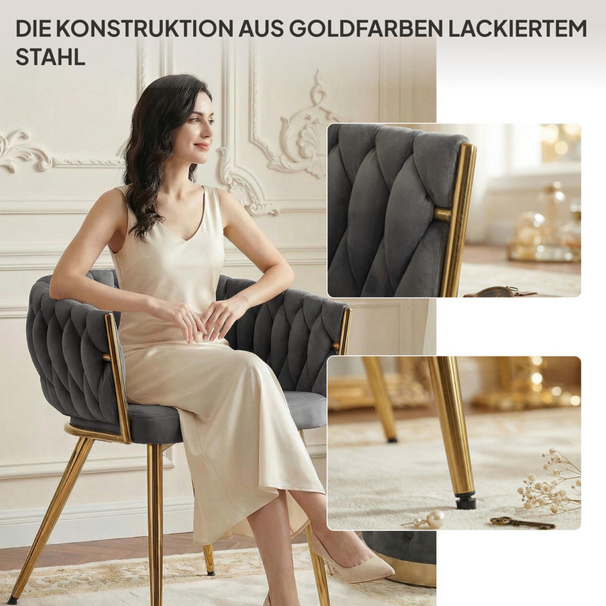 COCKTAILSESSEL AURUM 63/55/78 cm, Grau - Goldfarben/Grau, Textil/Metall (63/78/55cm) - Idohome