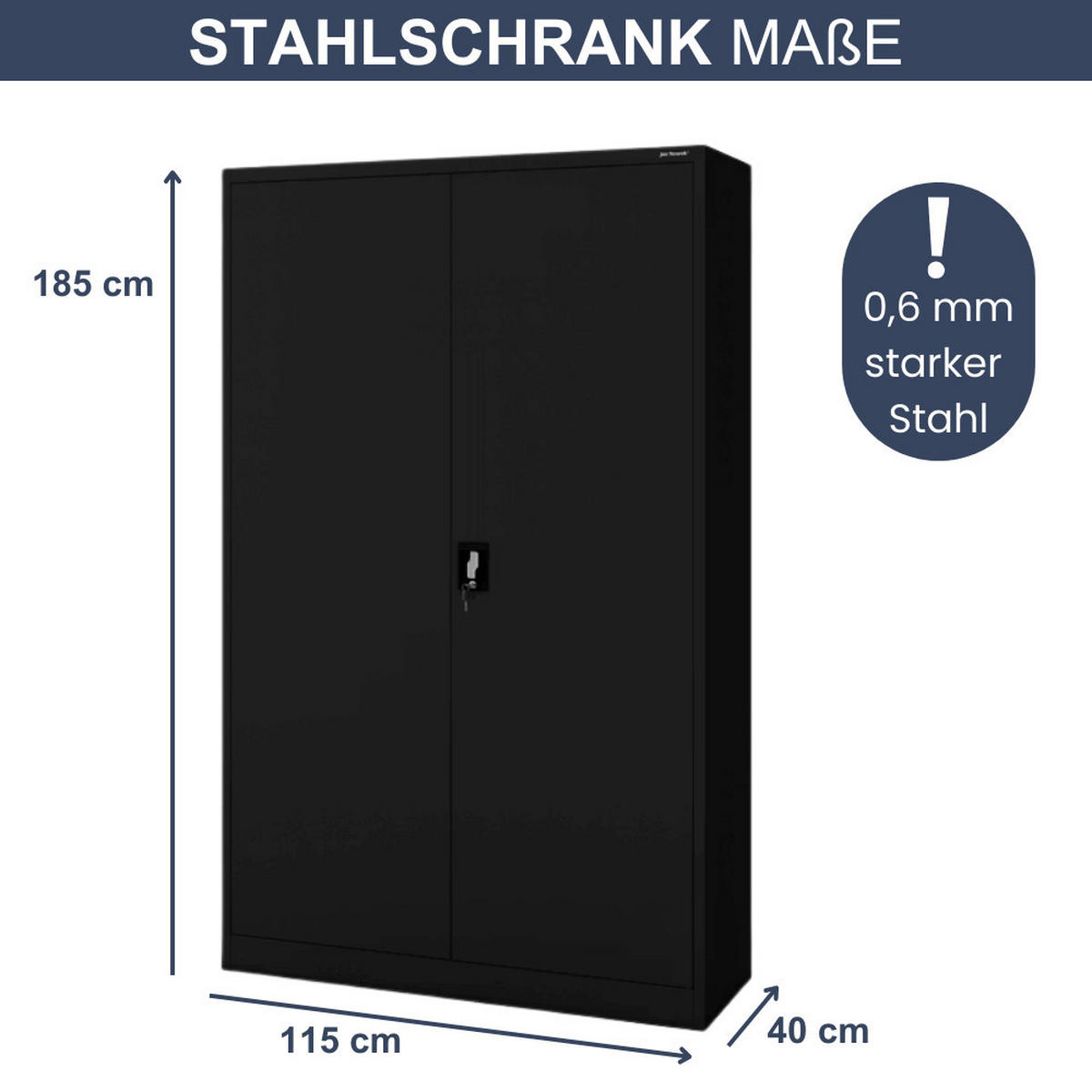 AKTENSCHRANK abschließbar KADO mit Flügeltüren 185x115x40cm Schwarz - Schwarz, Metall (115/185/40cm) - DELUKE