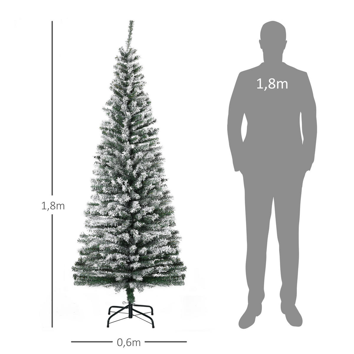 KÜNSTLICHER-WEIHNACHTSBAUM 180 cm Bleistift Kiefernbaum mit Schnee 492 Spitzen - Grün, Kunststoff (180cm) - HOMCOM