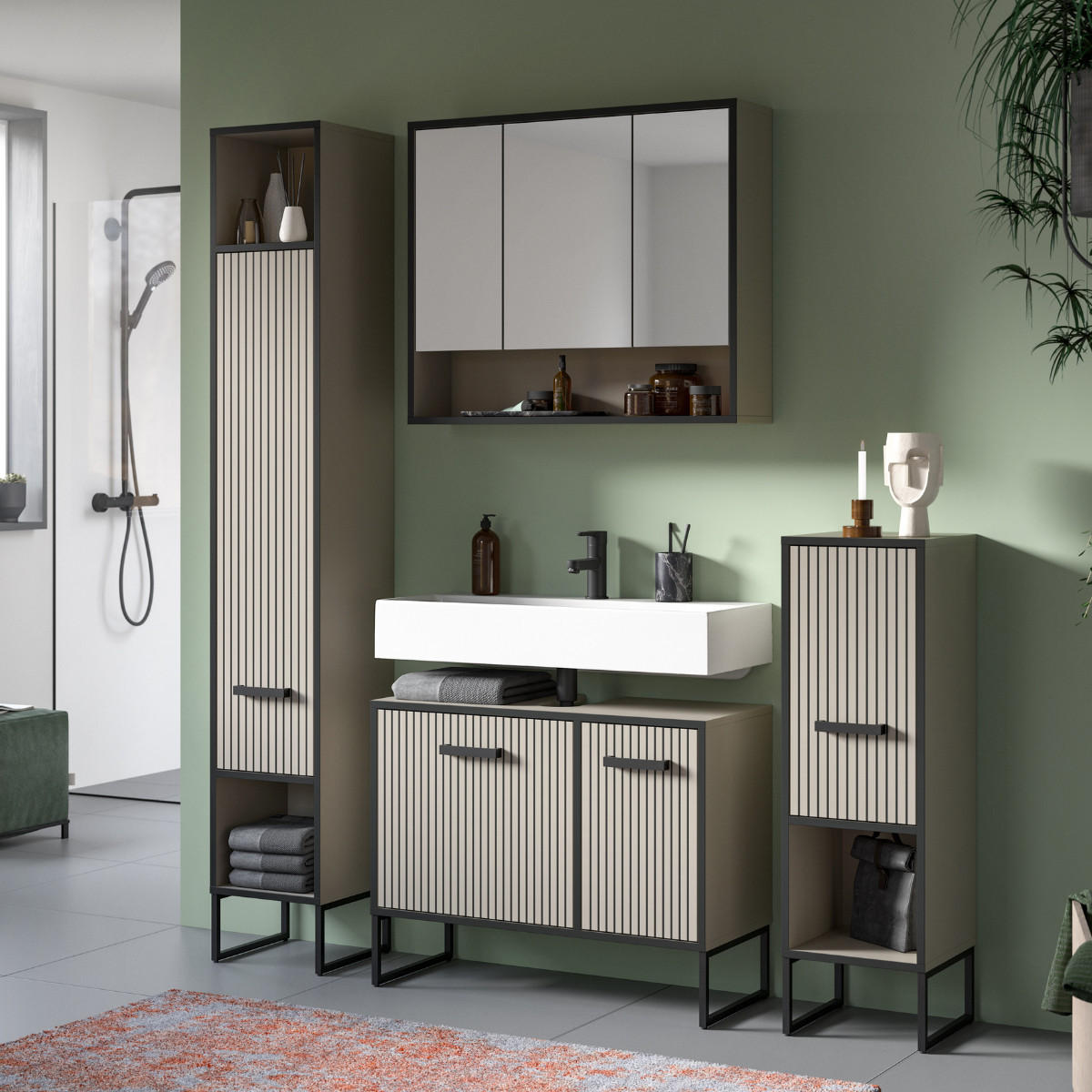 BADEZIMMERSCHRANK mit 1 Tür und 2 Nischen, Kaschmir 32/192/30 cm - Beige, Holzwerkstoff (32/192/37.4cm) - Calicosy