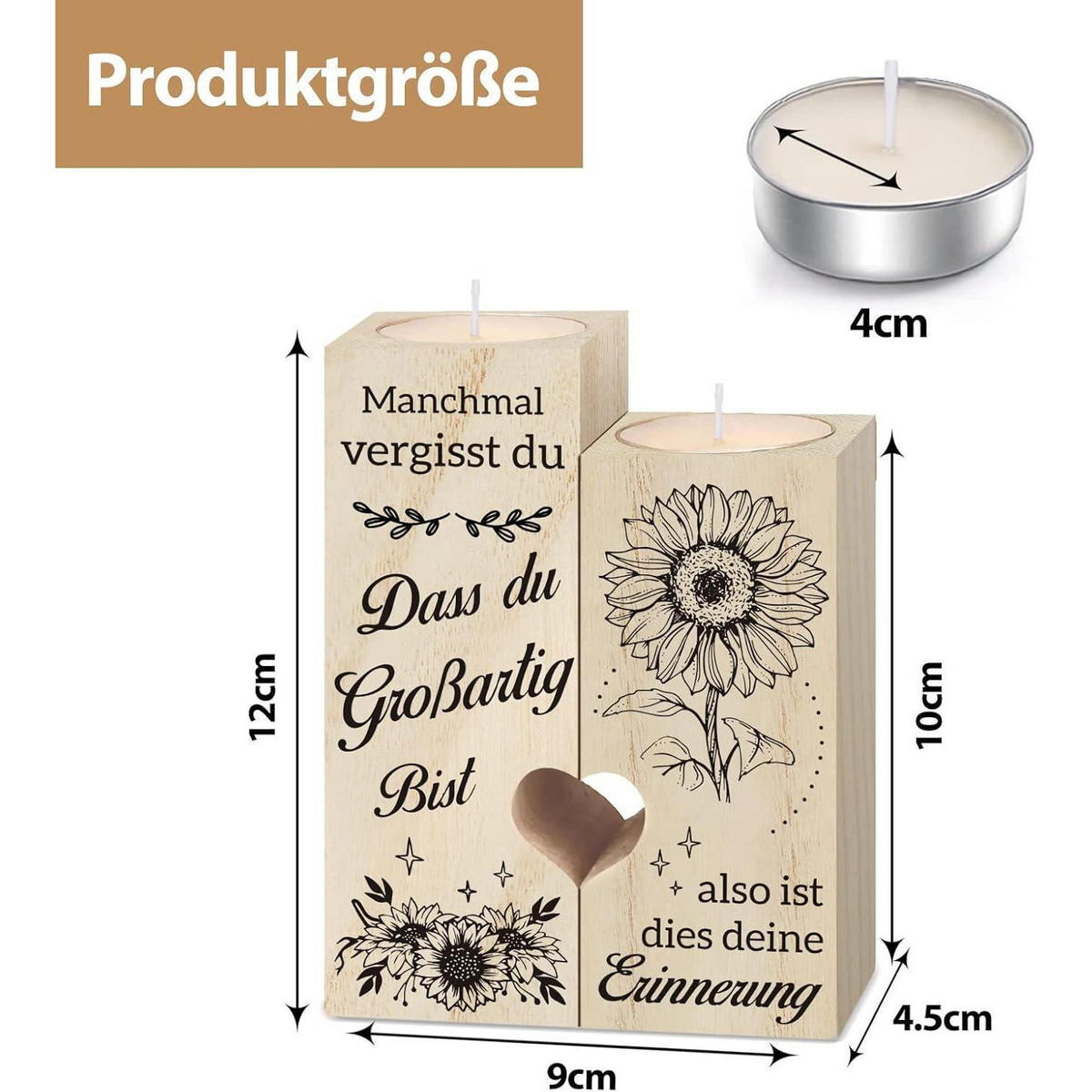 KERZENSTÄNDER Holz mit Spruch 12 cm - Braun, Holz (4/12/9cm)