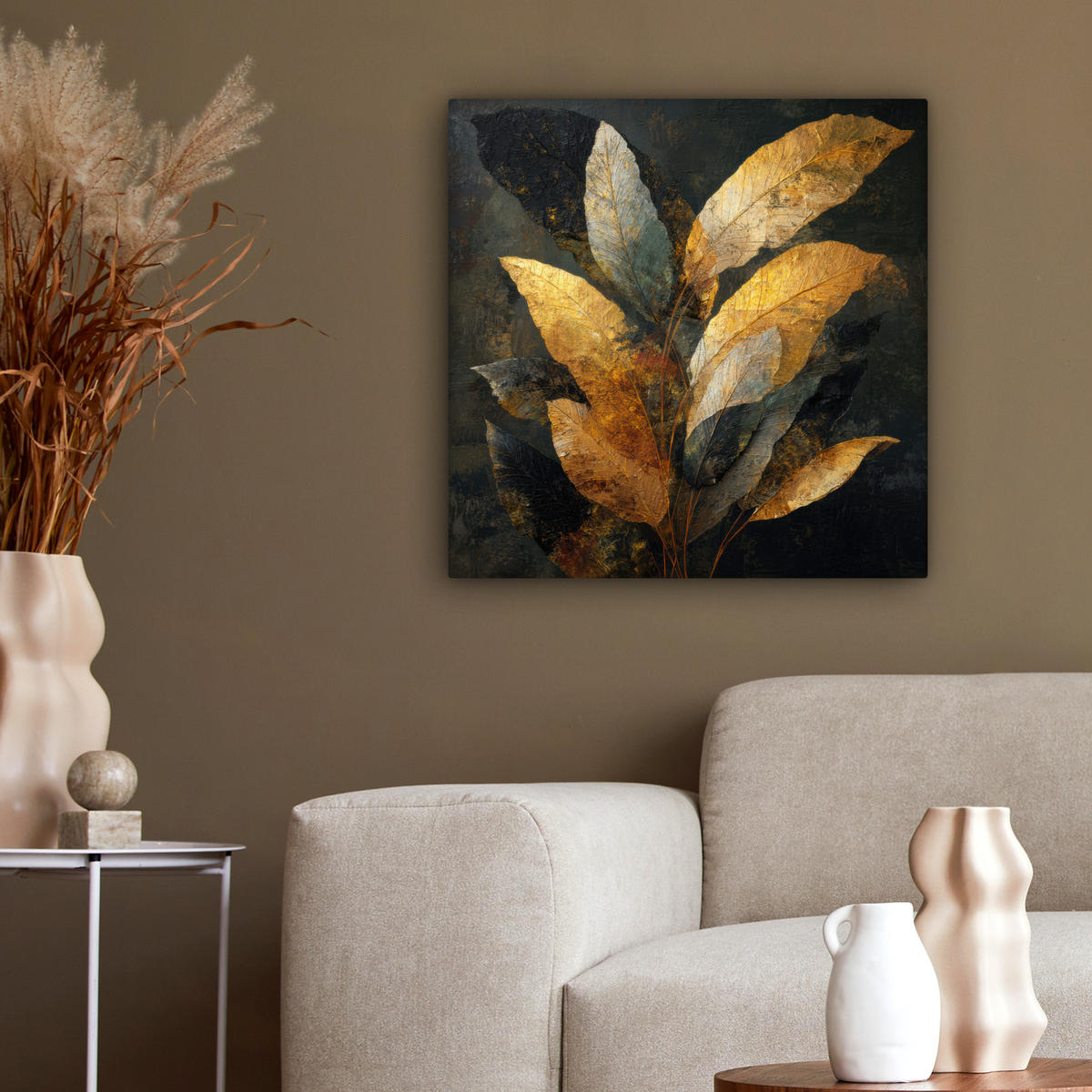 LEINWANDBILD Golden Leaf Komposition - Botanical Luxury Wandbild Wohnzimmer 50x50 cm - Goldfarben/Schwarz, Textil (50/50cm) - MuchoWow