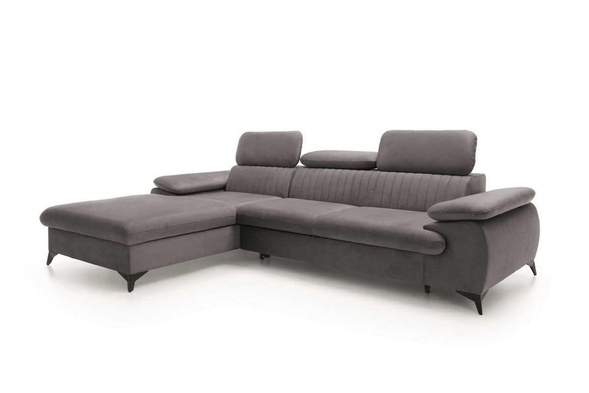 ECKSOFA FIORE Grau Velours-Stoff mit Schlaffunktion - Grau, Holz (275/221cm) - MASSENO