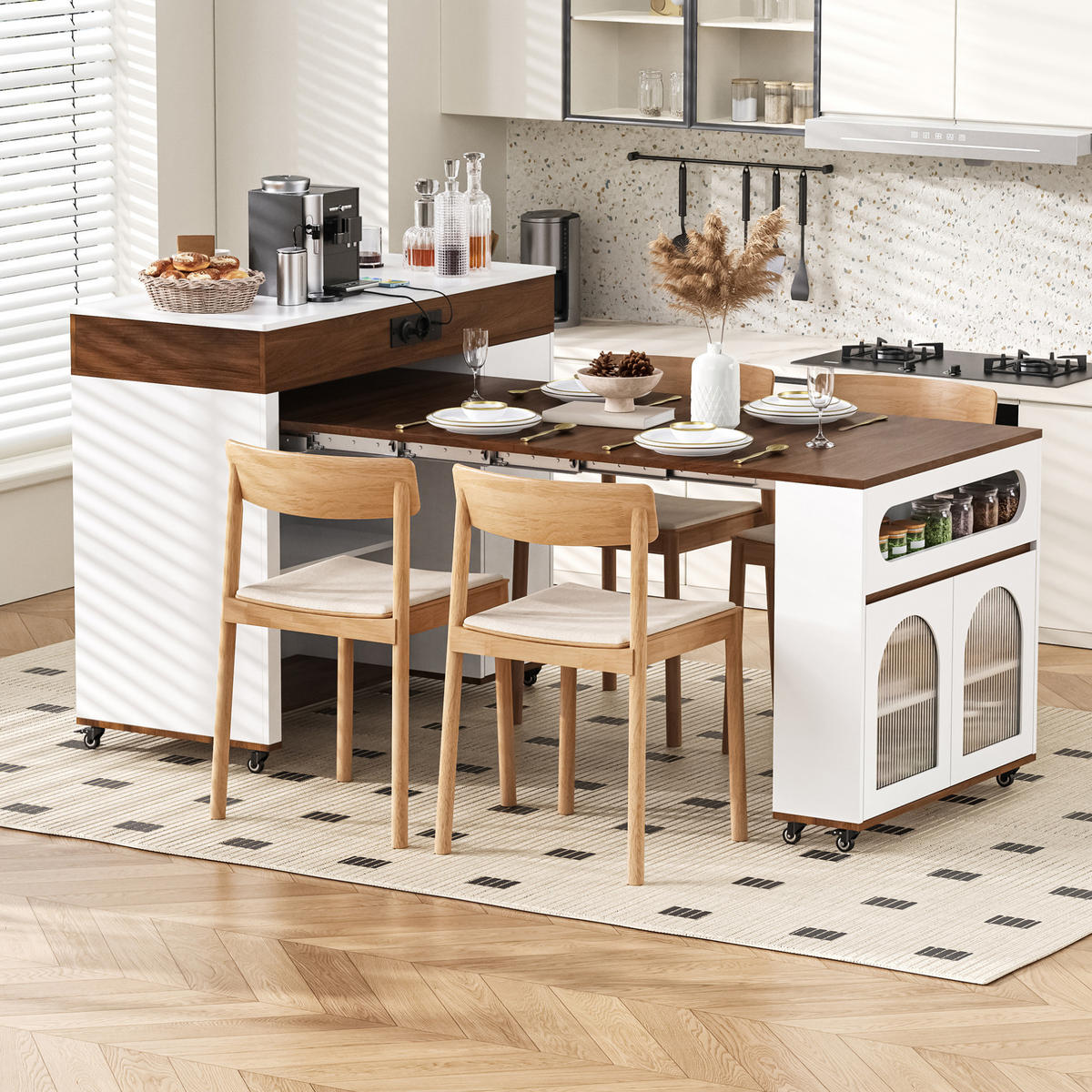 KÜCHENINSEL 50,5-187,5/110,5/95,5 cm Weiß/Walnussfarben aus MDF mit ausziehbarer Tischplatte - Walnussfarben, Holzwerkstoff (50.5/95.5/110.5cm) - OKMYHOME