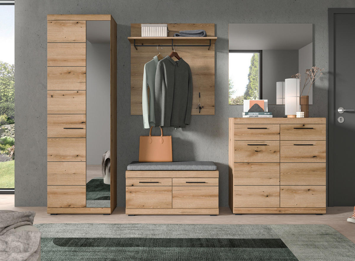 GARDEROBE Set 5-teilig Evoke Eiche 272 cm, Flurmöbel mit viel Stauraum - Eichefarben/Schwarz, Glas/Holzwerkstoff (272/197/40cm) - Inn.Furn