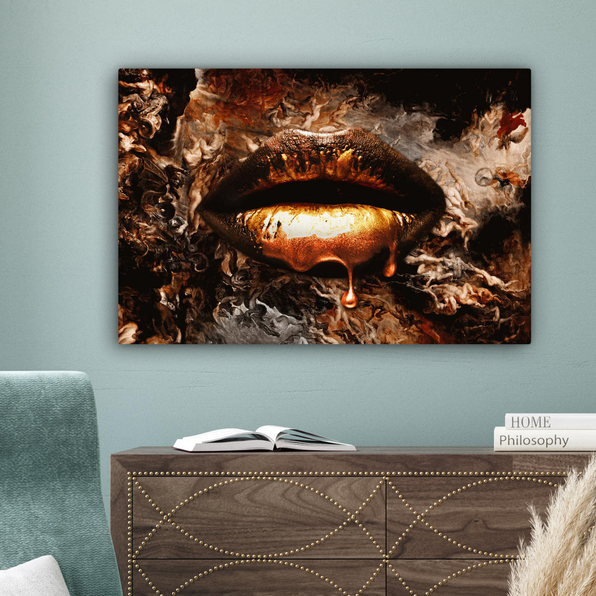 LEINWANDBILD Gold - Lippen - Kunst - Gold - Luxus - Abstrakt Wanddeko 90x60 cm - Kupferfarben, Textil (90/60cm) - MuchoWow