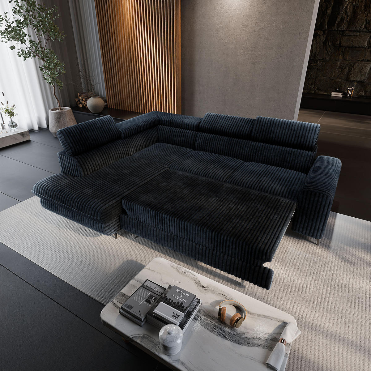 ECKSOFA VELISS Schwarz Kordstoff mit Schlaffunktion - Schwarz, Holz (255/193cm) - MASSENO