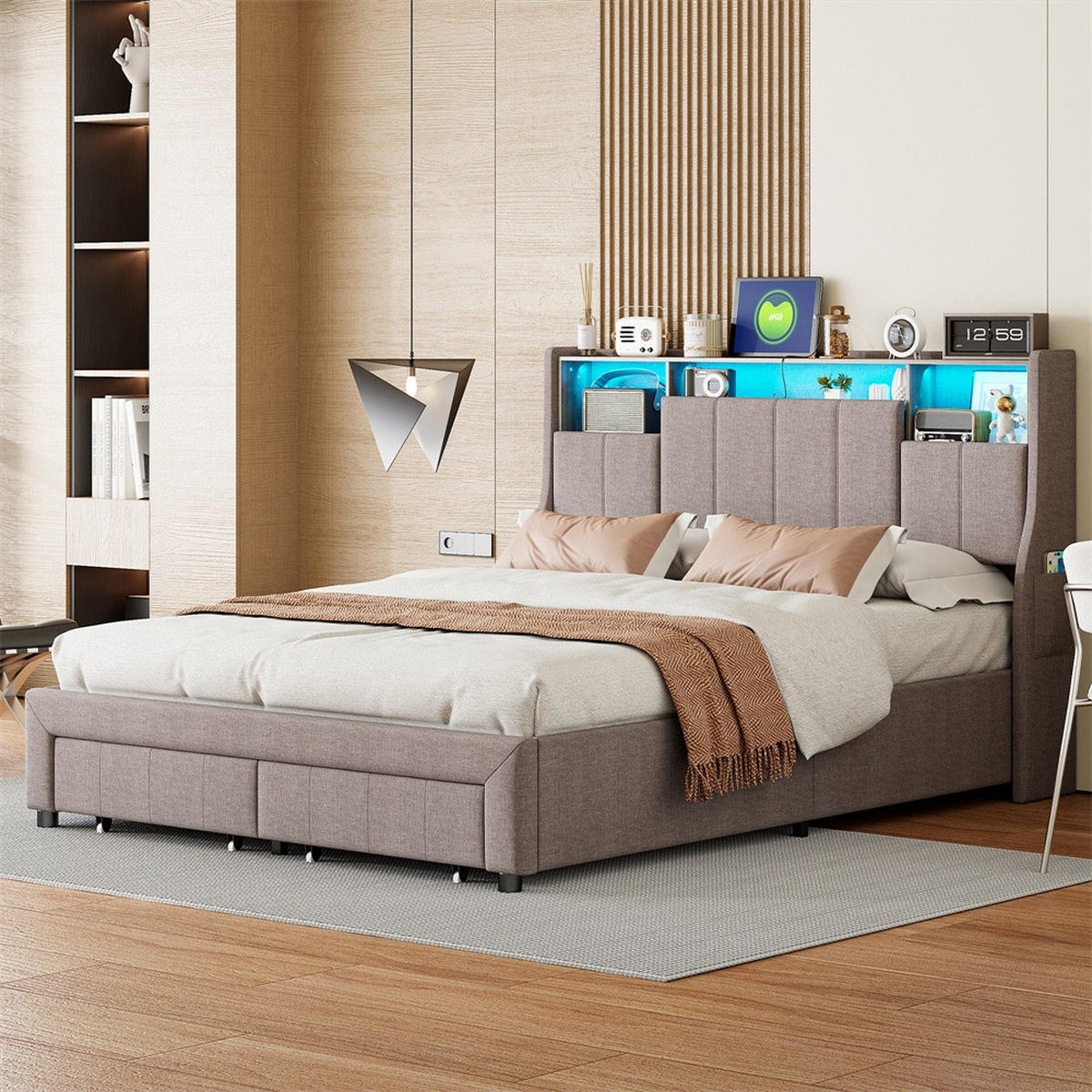 POLSTERBETT 140x200 cm mit LED-Ohrenkopfteil, Ablagefächern, Seitentaschen und 2 schubladen - ohne Matratze - Grau - Grau, Textil (140/200cm) - DELFA