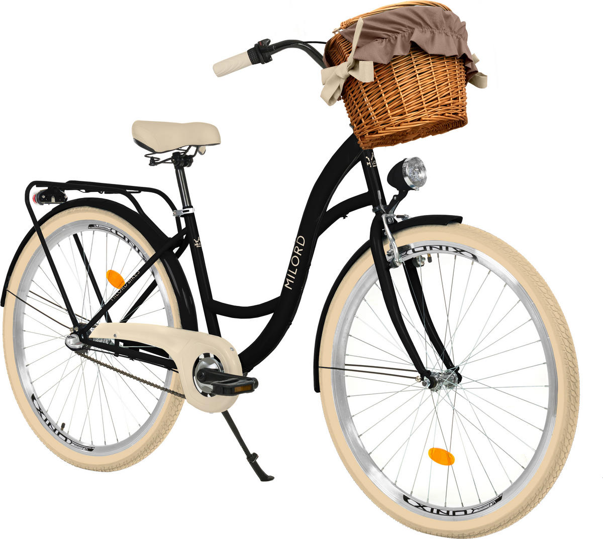 CITY-FAHRRAD Milord mit Weidenkorb, 28 Zoll, Schwarz-Creme, 3-Gang - Creme/Schwarz, Metall (46cm) - Milordbikes
