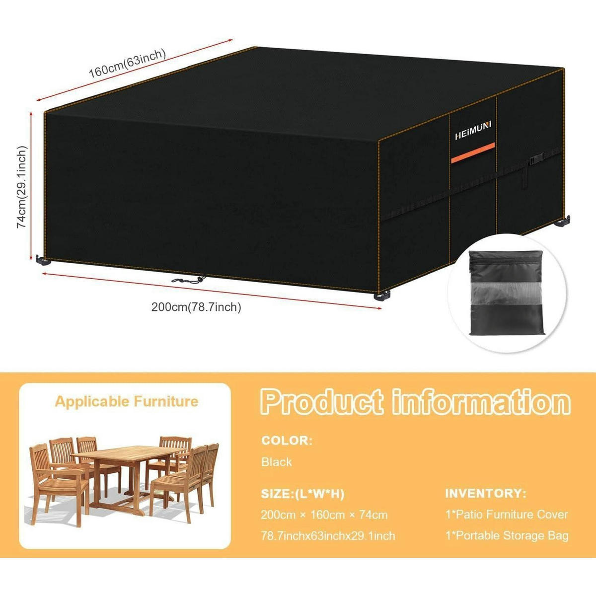 SCHUTZHÜLLE für Gartenmöbel 200 x 160 x 74 cm 420D Oxford Wasserdicht - Schwarz, Textil (1/1/1cm)