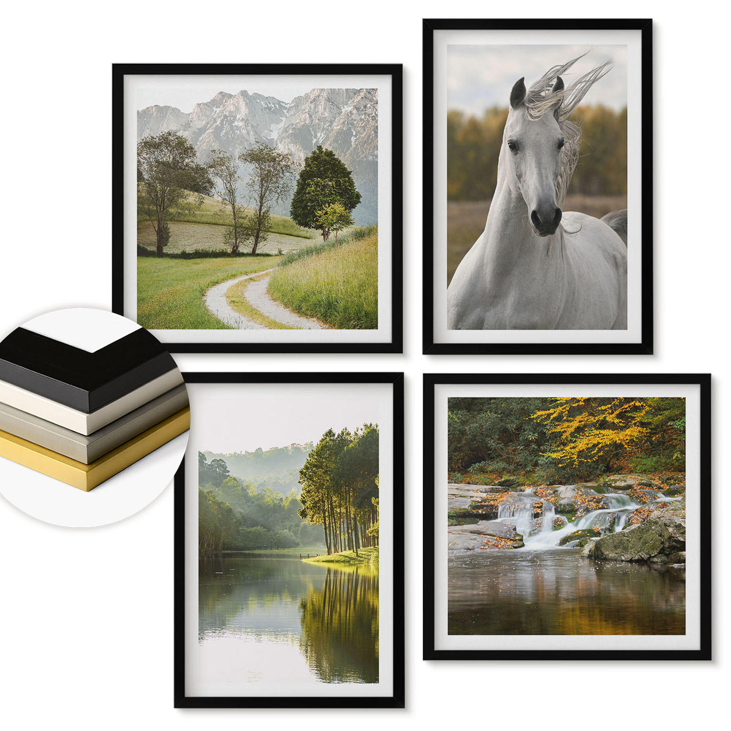 WANDBILDER 4er-Set - 50x50 cm & 40x60 cm Schwarzer Rahmen - Natur des Flusses White Horses - Schwarz, Kunststoff (50/50cm) - ArtPrintCave