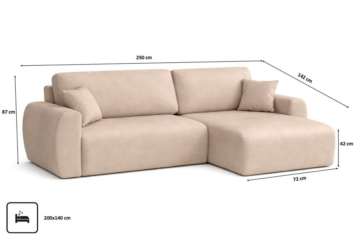 ECKSOFA Mit Schlaffunktion Ariel L, Velours, Stoff Salvador, Beige, Rechts - Beige, Holz (250/142cm) - Kaiser Möbel