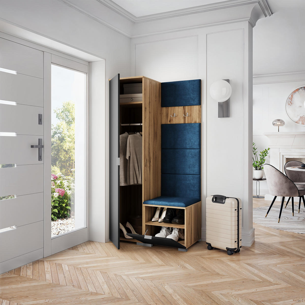 GARDEROBENSCHRANK LORI 95/181/51 cm Modern Garderobe-Set Eiche Wotan - Blau/Eiche Wotan, Holzwerkstoff (95/181/51cm) - MASSENO